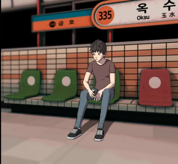 Panel from The Ghost of Oksu Station (Remastered): a young man in a brown T-shirt sits alone on a green subway bench under an orange sign reading 335 Oksu