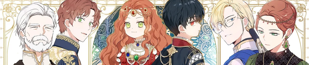 I Shall Master this Family official character lineup banner: Firentia in pearl-trimmed court dress beside her white-haired grandfather and other Lombardi family members in formal noble attire