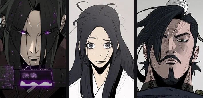Three AniList character portraits side by side: Jin Mu-Won with dark hair and glowing purple eyes, Eun Ha-Seol in white robes, and the bearded strategist Seo Mu-Sang