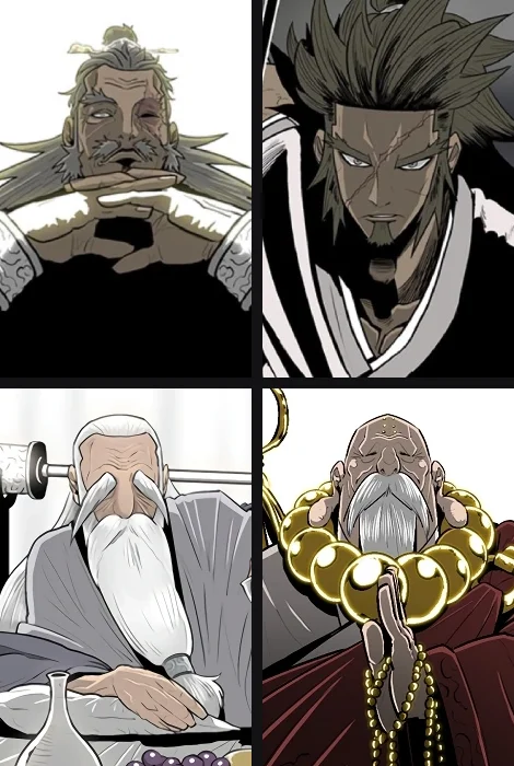 Four AniList character portraits in a grid: Dam Jeok-Shim, Dam Soo-Cheon, Bi Sa-Won, and the Shaolin monk Bul-Yeong with prayer beads