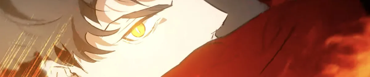 Level Up with the Gods key art close-up of Yuwon's face, glowing gold eye and red cloak against a dark, ember-lit background