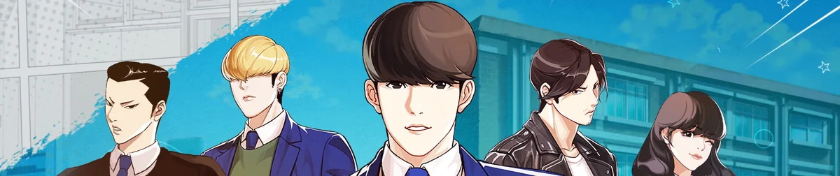 Lookism banner: underground fighters from multiple factions in a tense standoff, the Workers' hierarchy visible in the background