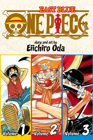 One Piece Omnibus Vol. 1 East Blue cover split into three panels marked Volume 1, Volume 2 and Volume 3