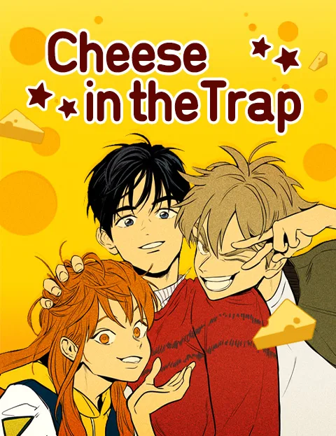 WEBTOON cover of Cheese in the Trap: a red-haired young woman grins under the yellow title while a dark-haired young man and a blond one crowd in behind her, one flashing a peace sign
