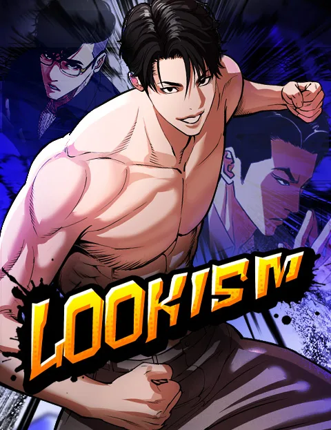 WEBTOON cover of Lookism: a shirtless dark-haired fighter swings a punch toward the viewer, two men in suits glaring behind him above the orange title
