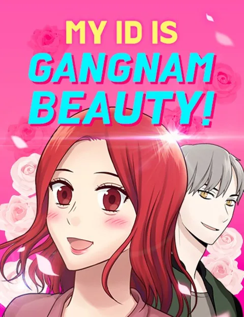 WEBTOON cover of My ID is Gangnam Beauty: a smiling red-haired young woman in front of pink roses, a grey-haired young man behind her, under the bright title