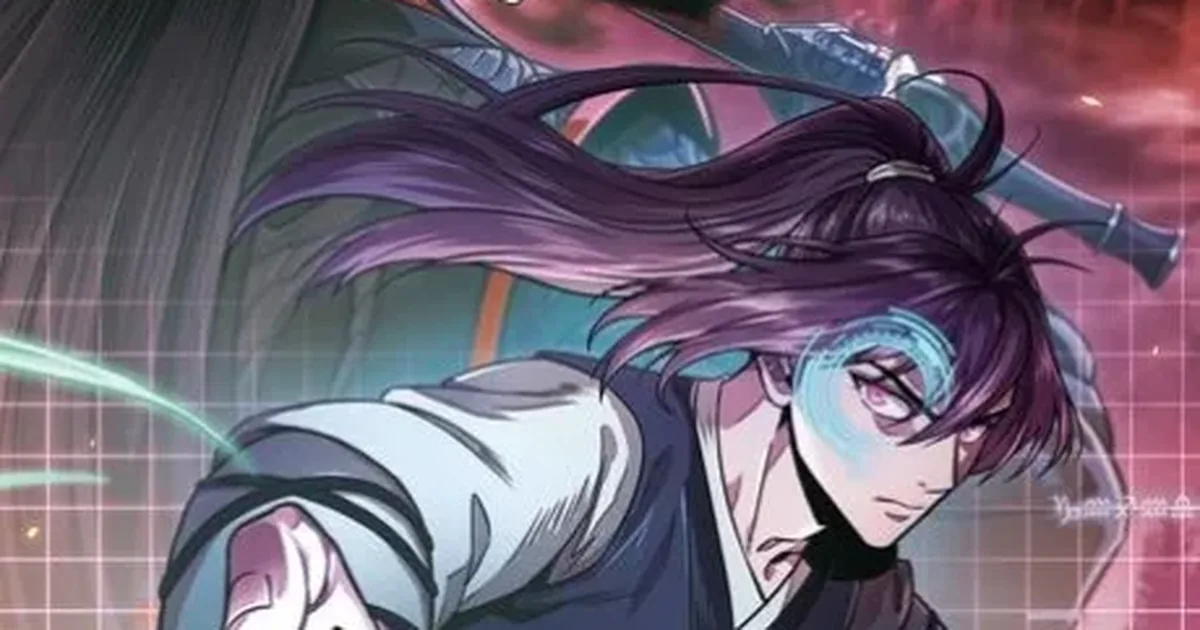 Korean cover of Nano Machine: a long-haired martial artist with glowing eyes reaches forward through red energy and circuit-like light