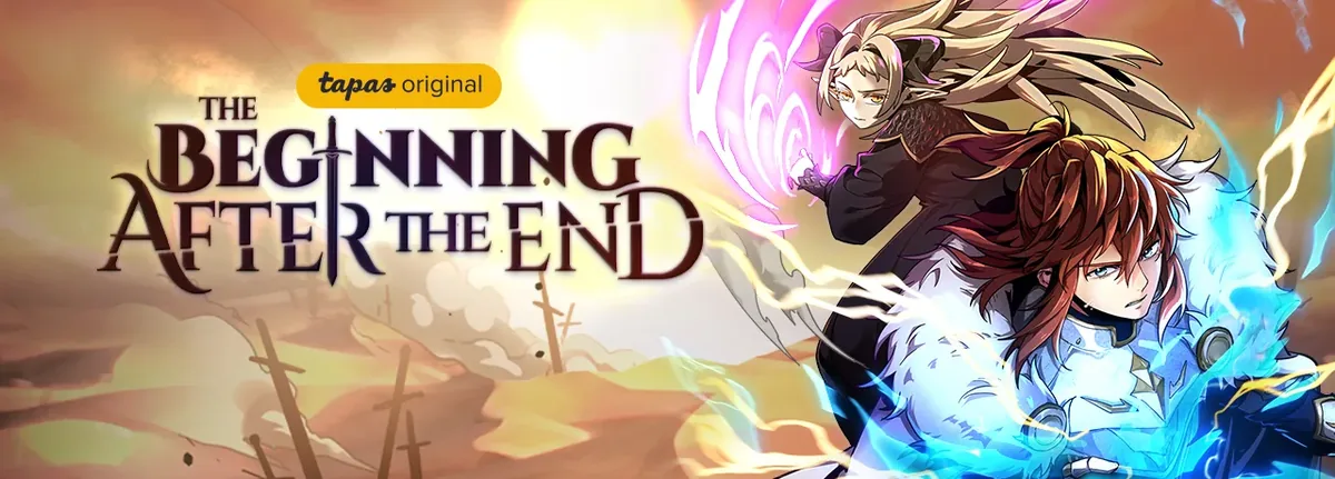 The Beginning After the End Tapas banner: a red-haired fighter wreathed in blue lightning in the foreground, a horned blonde figure behind him, beside the series logo