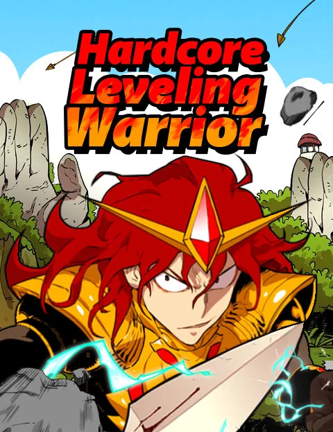 Hardcore Leveling Warrior WEBTOON poster: a red-haired warrior in a gold circlet and armor glares over a broad blade crackling with blue sparks