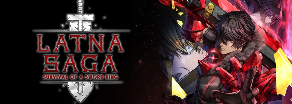 Latna Saga: Survival of a Sword King Tapas banner: the red Latna Saga logo between two swords on a black background, with the hooded hero in red armor on the right