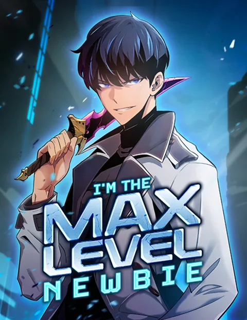 I'm the Max-Level Newbie WEBTOON poster: black-haired Kang Jinhyeok in a gray trench coat grins with a purple-edged dagger over his shoulder