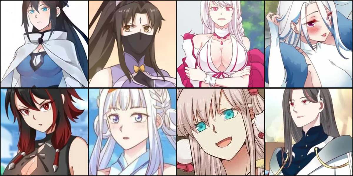 Grid of eight AniList character portraits for Yang Kai's confirmed Martial Peak companions: Su Yan, Xia Ning Chang, Shan Qingluo, and Ji Yao on top; Zhu Qing, An Ling'er, Hu Meier, and Xue Yue below