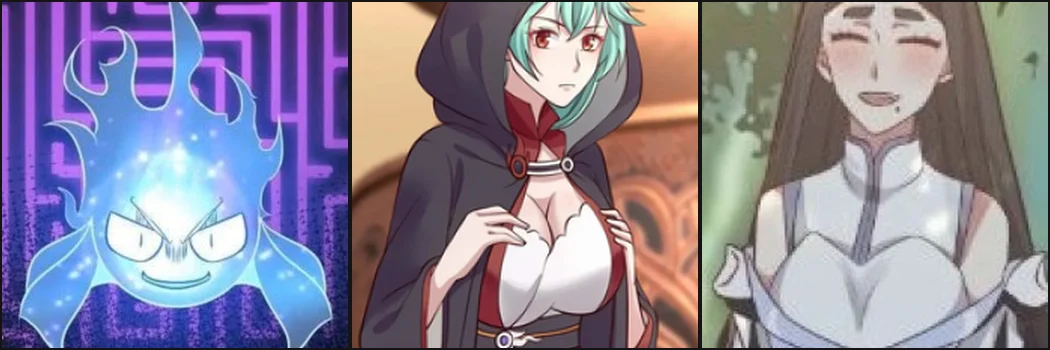 Three AniList character portraits: Lao Mo's flame-spirit form, Yang Yan in a hooded cloak, and Fei Yu of the Soaring Heaven Sect