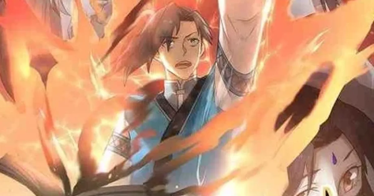 Yang Kai from Martial Peak standing atop a mountain peak, cultivation energy swirling around him against a dark storm sky