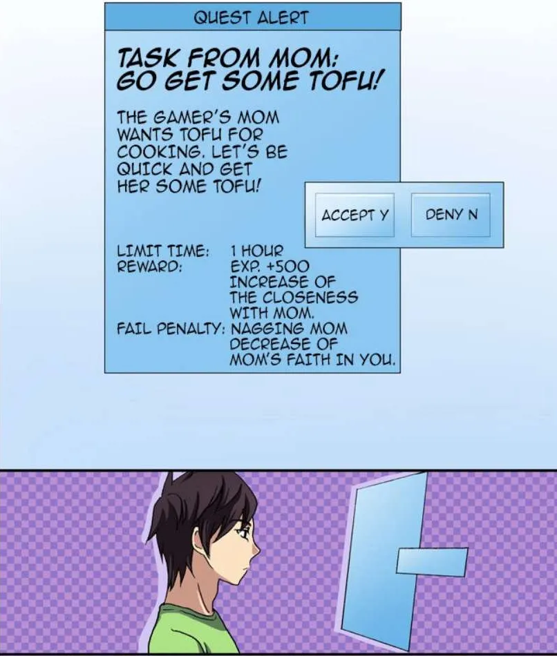 The Gamer Episode 1: a blue Quest Alert window reading "Task from Mom: Go get some tofu!" with a one-hour limit, a reward of EXP +500 and closeness with Mom, and a fail penalty of nagging Mom