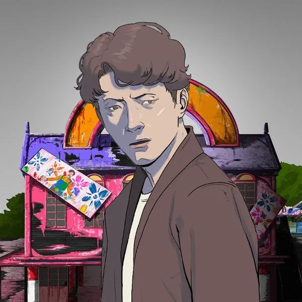Official Field Mouse webtoon cover art by Ludovico: a wary young man standing in front of a weathered pink and purple house