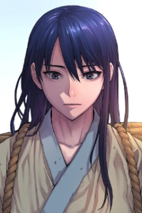 Jeong, the Scythe Demon protagonist of Myst, Might, Mayhem, official AniList character portrait in traditional beige robes