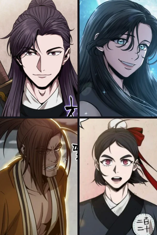 Clockwise from top left: Cheon Yeo-woon, Gyu Mun, Sang-Hwa Ho, and Maeng Seop, the protagonist and three of the earliest named characters he meets at the Demonic Academy. Portraits via AniList.