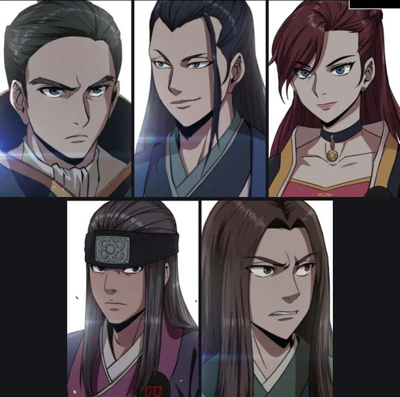Five AniList character portraits: Mu-Yeon Cheon, Gyeong-Un Cheon, and Won-Ryeo Cheon on top; Jong-Seom Cheon and Mu-Geum Cheon below, the five named Six Clans throne candidates