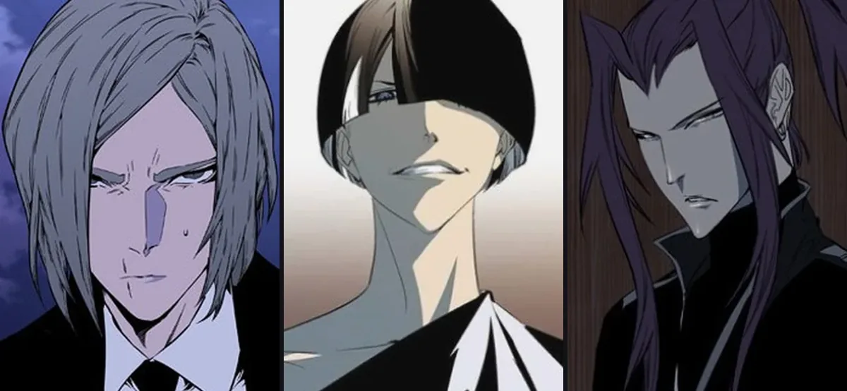 Grid of three AniList character portraits for Noblesse's RK squad: M-21 with silver hair and a stern expression, Tao with a black bob haircut and a smirk, and Takeo with long dark purple hair