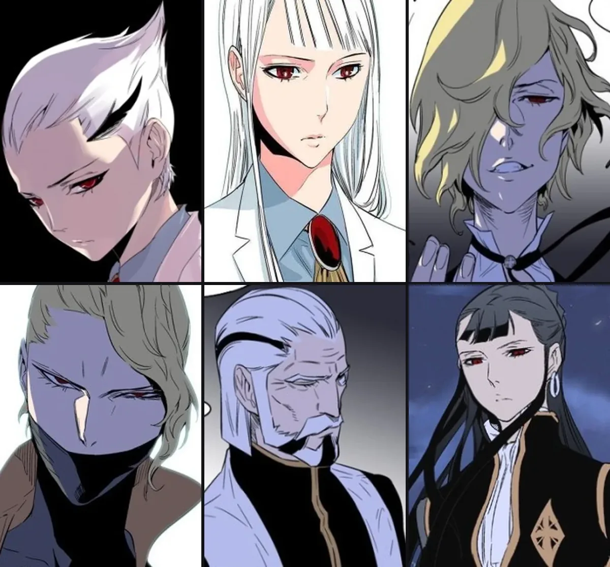 Grid of six AniList character portraits for Noblesse's Noble cast: Regis, Seira, and Rael on top; Rajak, Gejutel, and Erga Kenesis Di Raskreia below
