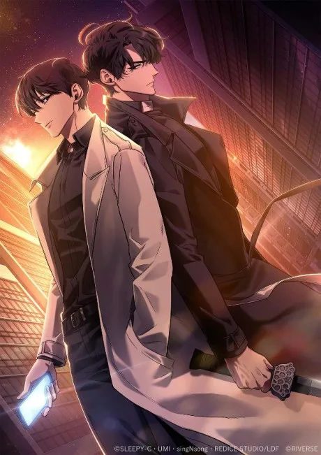 Two black-haired men back to back at sunset, one in a light coat holding a glowing phone, one gripping a sword