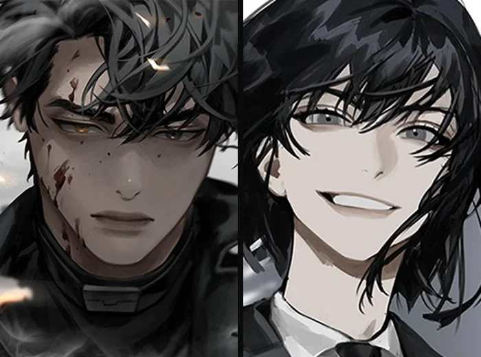 Side-by-side official AniList character portraits: Yoo Joonghyuk with a blood-streaked face and a cold stare on the left, Han Sooyoung smiling with tousled dark hair on the right