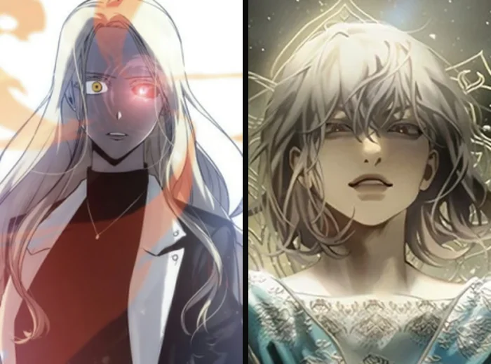 Side-by-side official AniList character portraits: Anna Croft with glowing red and yellow eyes and pale blonde hair on the left, Nirvana Moebius with silvery white hair and an ornate robe on the right