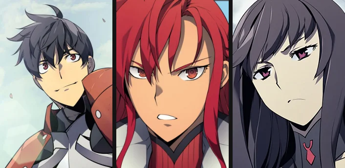 Left to right: Grid, Jishuka, and Yu-Ra character portraits from Overgeared, sourced from AniList's character database for the manga entry