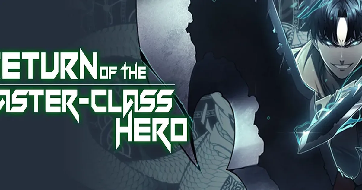 The Return of the Disaster-Class Hero Tapas banner: a dark-haired man in a dark coat grins and holds a glowing dagger beside the title