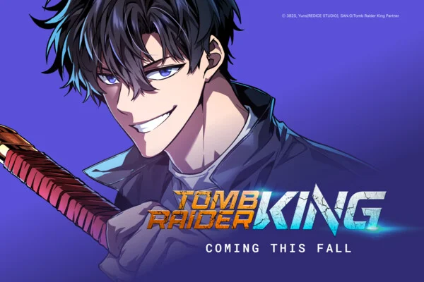 Tomb Raider King promo art: a black-haired young man grins and grips a red sword hilt above the words Coming This Fall