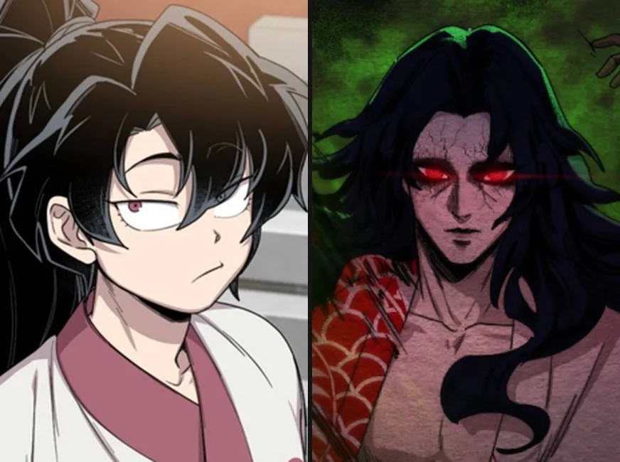 Official AniList portraits: Cheong-Myeong in white Mount Hua robes with a flat stare, left, beside Chun Ma's glowing red eyes and cracked demonic skin, right