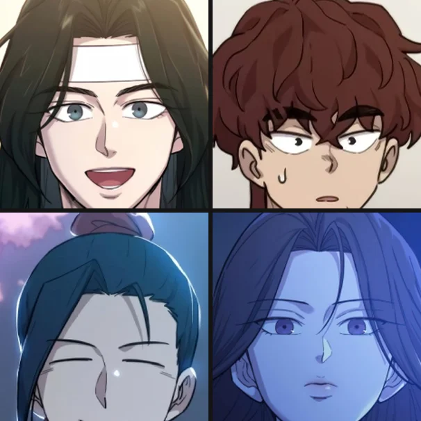 Four AniList character portraits in a grid: Baek Cheon grinning top left, Jo Gul wide-eyed top right, Jong Yoon smiling with closed eyes bottom left, Yoo Iseol with a calm stare bottom right