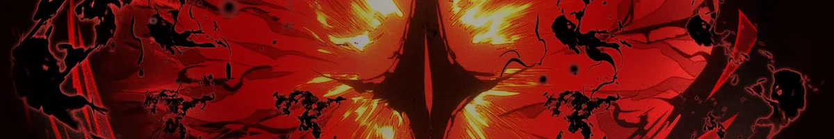 Official Rise of the Limitless Necromancer key art banner, a symmetrical red and gold flame burst with dark skull-like smoke shapes