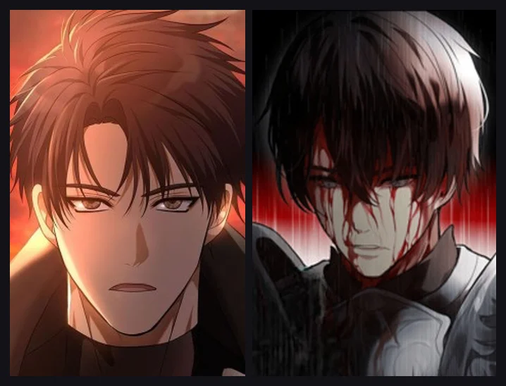 Second Life Ranker character portraits: Yeon-woo Cha under a warm firelit sky on the left, and his twin brother Jeong-woo Cha shown bloodied in the rain on the right