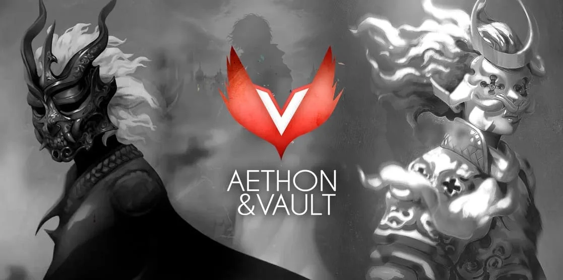 Aethon and Vault announcement banner: two masked, white-haired warriors in grey tones flank a red winged V logo