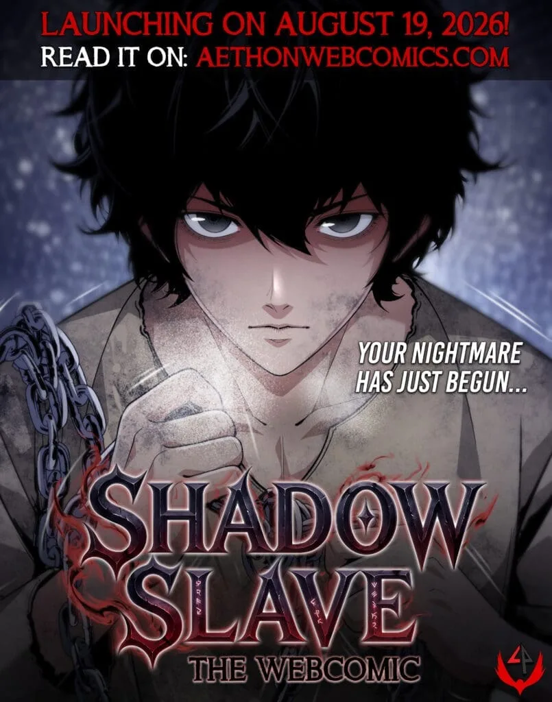 Shadow Slave The Webcomic launch poster: dark-haired Sunny, dirt-streaked and shirtless, raises a chained fist under the line Launching on August 19, 2026