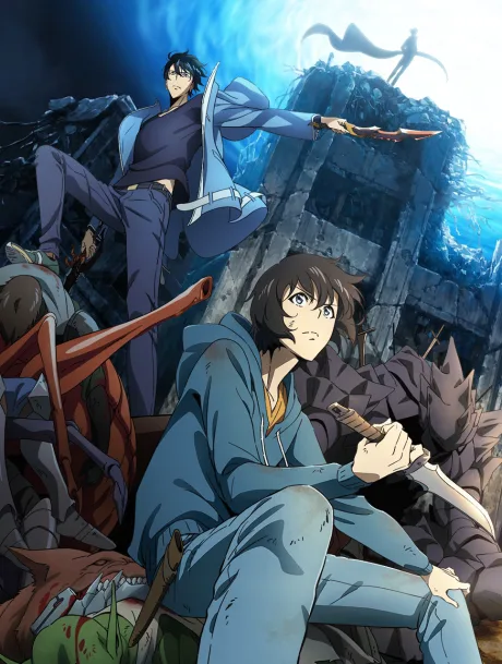 Official Solo Leveling Season 1 key visual: young Sung Jin-Woo crouched among monster corpses gripping a dagger, a caped figure standing on wreckage in the background under blue dungeon lighting