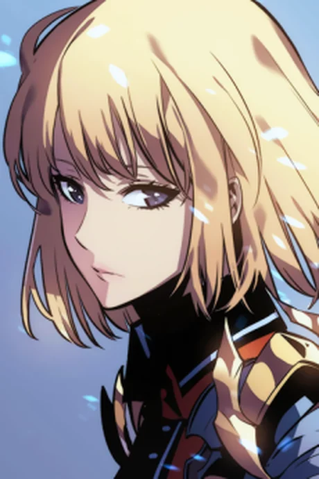 Cha Hae-In in armored gear, blonde hair and blue eyes, official Solo Leveling character art for the S-rank sword fighter nicknamed the Blade Dancer