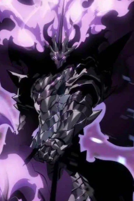 Ashborn, the previous Shadow Monarch, rendered as a horned armored figure wreathed in purple flame, official Solo Leveling character art