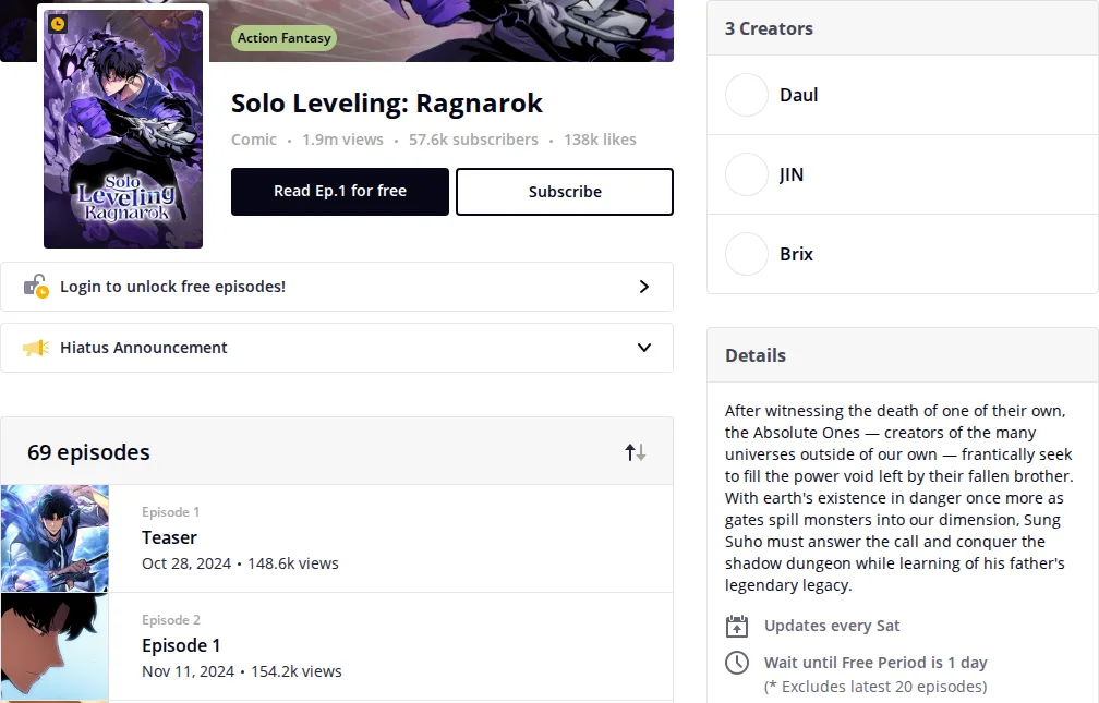 Tapas Solo Leveling: Ragnarok page with the Hiatus Announcement bar, 69 episodes starting with a Teaser as Episode 1, and an Updates every Sat label