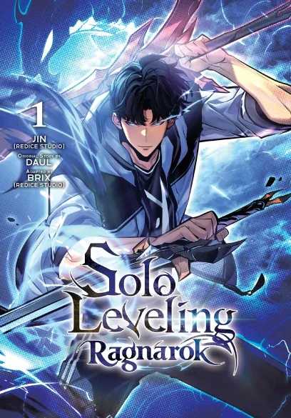 Solo Leveling: Ragnarok Volume 1 official Yen Press print cover, Sung Suho in shadow-armor stance against a dark background