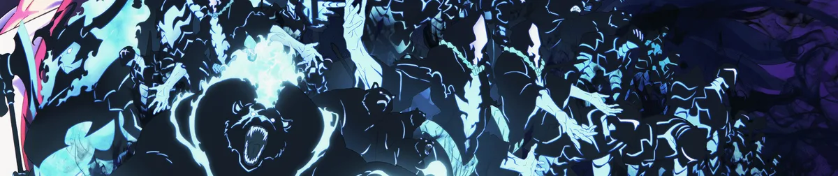 Sung Jin-Woo's glowing blue shadow army, including a shadow beast mid-roar, official Solo Leveling Season 2 banner art
