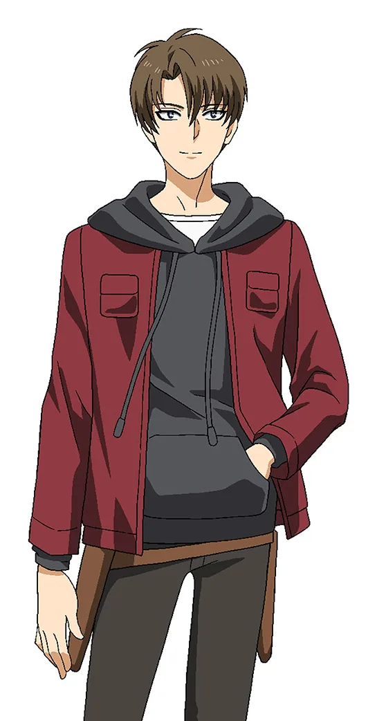 Kim Gong-ja's anime character design, a brown-haired young man in a red jacket over a gray hoodie, hand in pocket