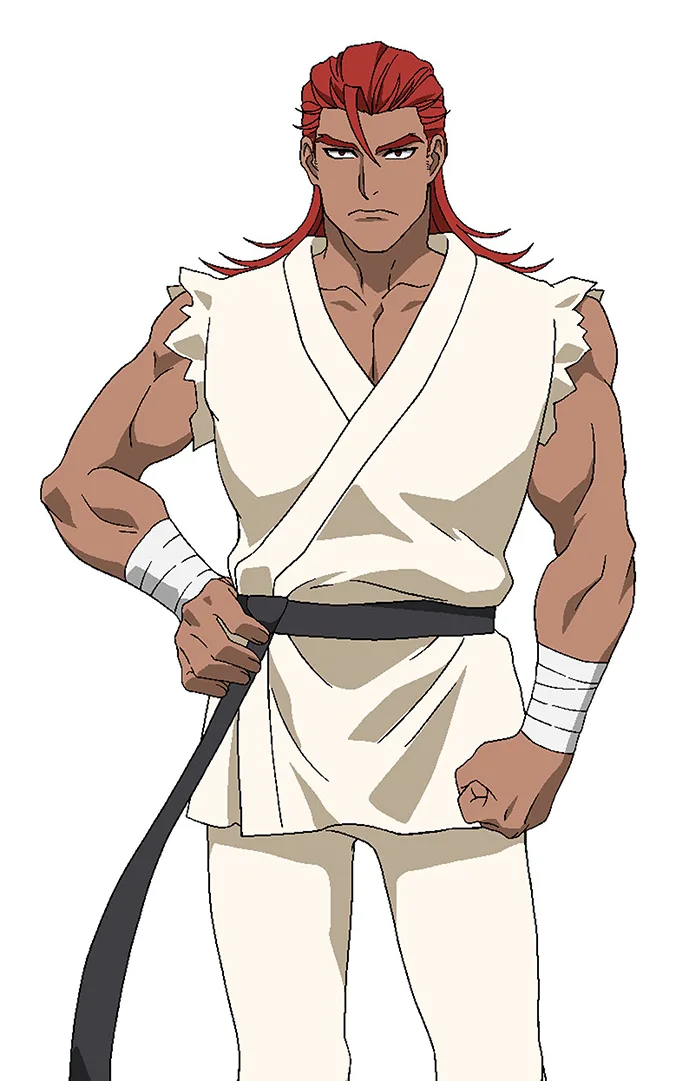 The Sword Emperor's anime design, a tall red-haired man in a sleeveless white martial-arts robe with a black belt and wrapped wrists