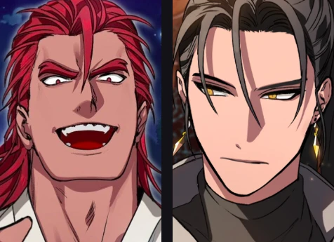 Side-by-side official AniList character portraits: Geom-Je the Sword Emperor with red hair and a wide grin on the left, Yoo So-Ha the Flame Emperor with dark hair and gold eyes on the right