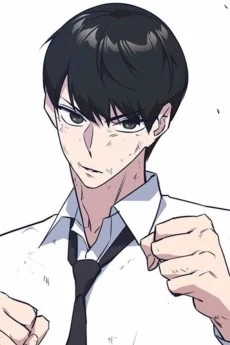 Yoon Ga-min official character portrait, dark hair, tie loosened, fists raised in a fighting stance against a plain background
