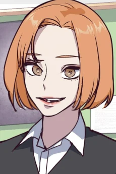 Ji-woo Lee official character portrait, orange bob haircut, smiling in a classroom, school blazer with white collar