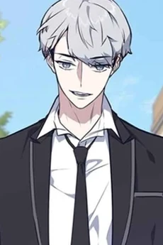 Han-wool Phi official character portrait, white hair, black suit and tie, composed expression outdoors