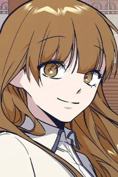 Lee Han-kyung character art: long light-brown hair, smiling, white blouse, school building behind her